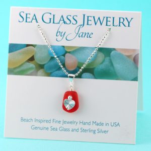 Bright Red Sea Glass Pendant with Heart Charm