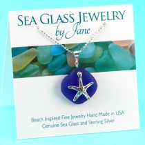 Large Cobalt Blue Sea Glass Pendant with Sea Star
