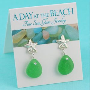 Bright Green Sea Glass Earrings Sea Star Post