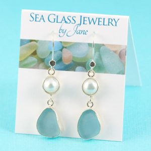 Deep Aqua Sea Glass Earrings with Pearls