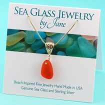Vibrant Orange Sea Glass Pendant with Gold