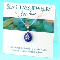 Small Cobalt Blue Sea Glass Pendant with Lotus Flower