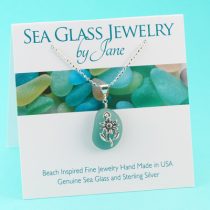 Deep Aqua Sea Glass Pendant with Sunflower Charm