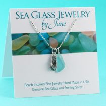 Deep Aqua Sea Glass Pendant with Sandal Charm