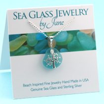 Japan Teal Sea Glass Pendant with Tree of Life Charm