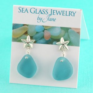 Japan Teal Sea Glass Earrings with Sea Star Earring Posts