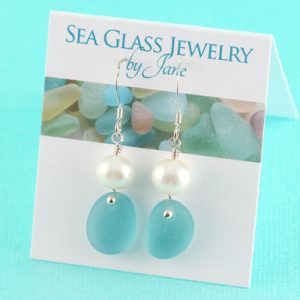Japan Teal Sea Glass Earrings with Freshwater Pearls