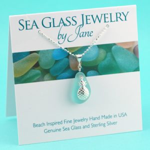 Aqua Sea Glass Pendant with Pineapple Charm