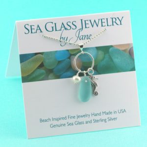 Japan Teal Sea Glass Pendant with Sea Horse & Pearl