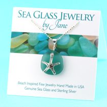 Japan Teal Sea Glass Pendant with Sea Star