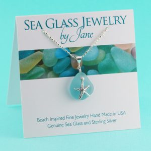 Small Japan Teal Sea Glass Pendant with Sea Star