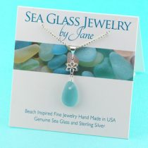 Japan Teal Sea Glass Pendant with Pretty Accent