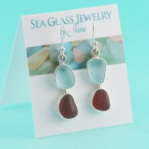 Red & Aqua Sea Glass Double Bezel Set Earrings