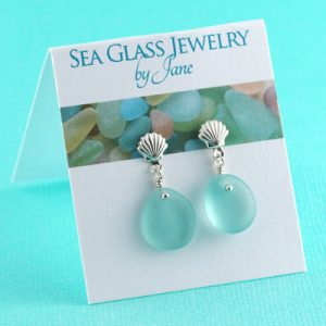 Japan Teal Sea Glass Earrings with Shell Posts