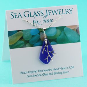 Cobalt Blue Sea Glass Pendant with Coral Branch