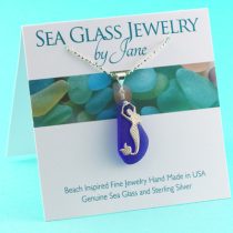 Cobalt Blue Sea Glass Pendant with Mermaid Charm