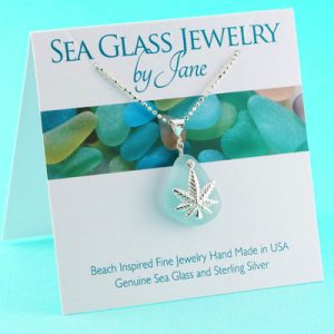 Aqua Sea Glass Pendant with Cannabis Charm