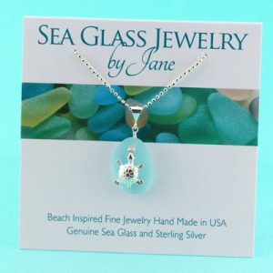 Perfect Aqua Sea Glass Pendant with Sea Turtle