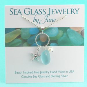 Japan Teal Sea Glass Pendant with Sea Star & Pearl