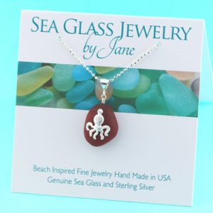 Red Sea Glass Pendant with Octopus Charm
