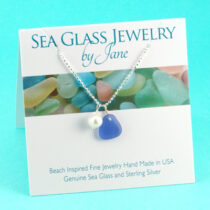 Cornflower Blue Sea Glass Pendant with Pearl