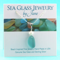 Aqua Teal Sea Glass & Pearl Pendant