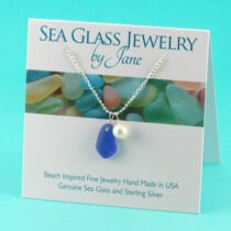Cute Cornflower Blue Sea Glass Pendant with Pearl