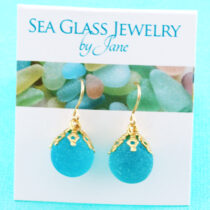 Turquoise Sea Glass Marble Earrings with Gold